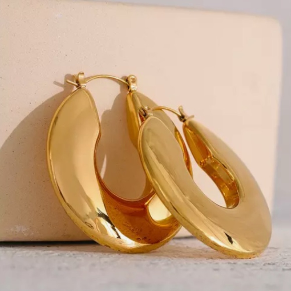 18k Gold Plated Titaium Handcrafted Minimalist Earrings 2.5” - Picture 3 of 11